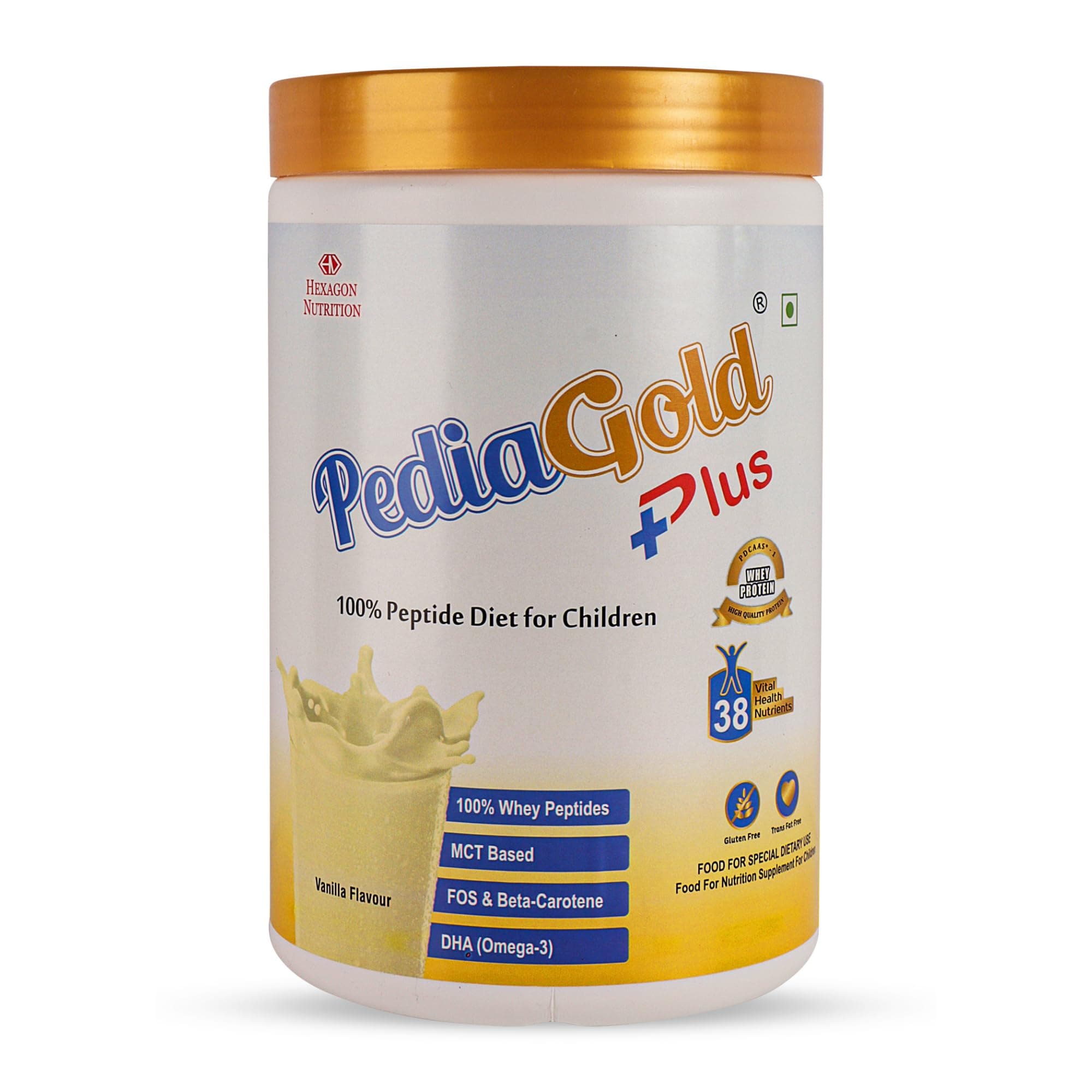 PediaGold Plus Peptide Diet for 2-14 Years Children | Vanilla-1Kg | No Refined Sugar | 38 Vital Nutrients | East to Digest Protein | Eye-Immunity-Height-Brain Health | Nutritional Supplement for Kids