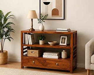 Solid Sheesham Wood Entrance Console Table with 2 Drawer and 2 Shelf Storage for Living Room Kitchen Home Office Wooden Entryway Hallway Furniture (Honey Finish)
