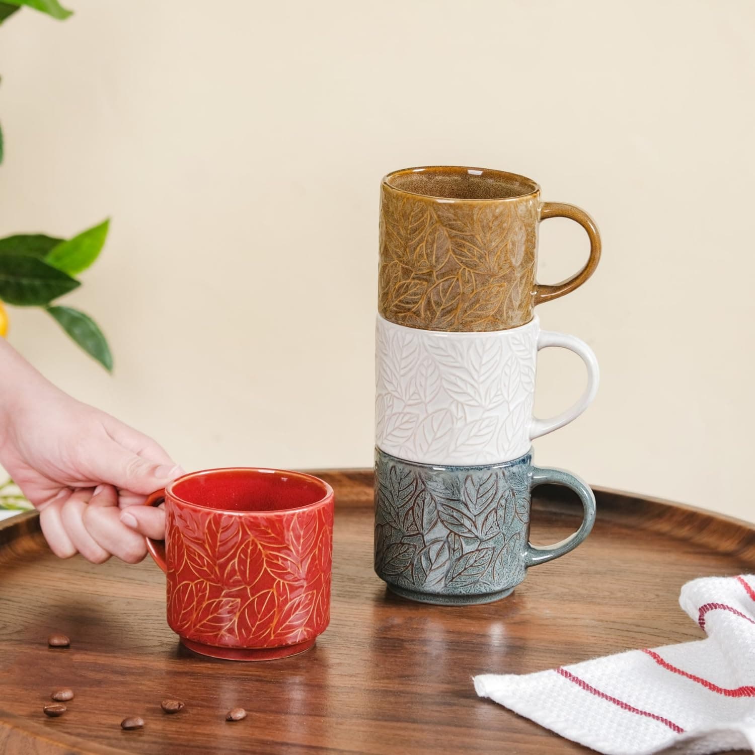 Nestasia Ceramic Stackable Tea Cup Set of 4 | Microwave & Dishwasher Safe, Glossy Finish, Perfect for Gifting (Leaf Embossed, 250ml Each)
