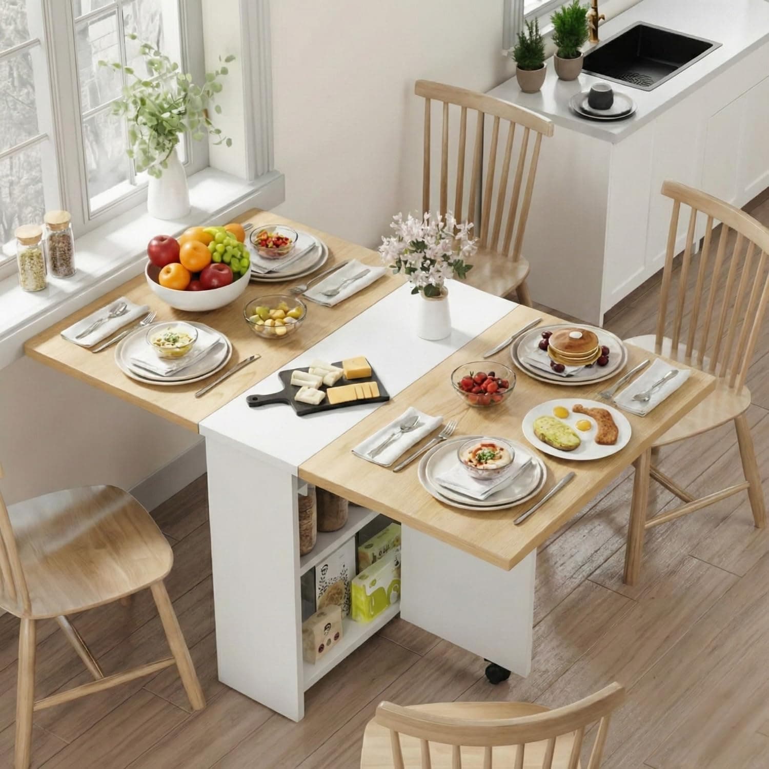 TEKAVO Peyton Foldable Dining Table for Home 4 Seater | Space Saving, Movable with Wheels Folding Dining Table | 130cm x 80cm x 80cm | Mile Oak & White | DIY