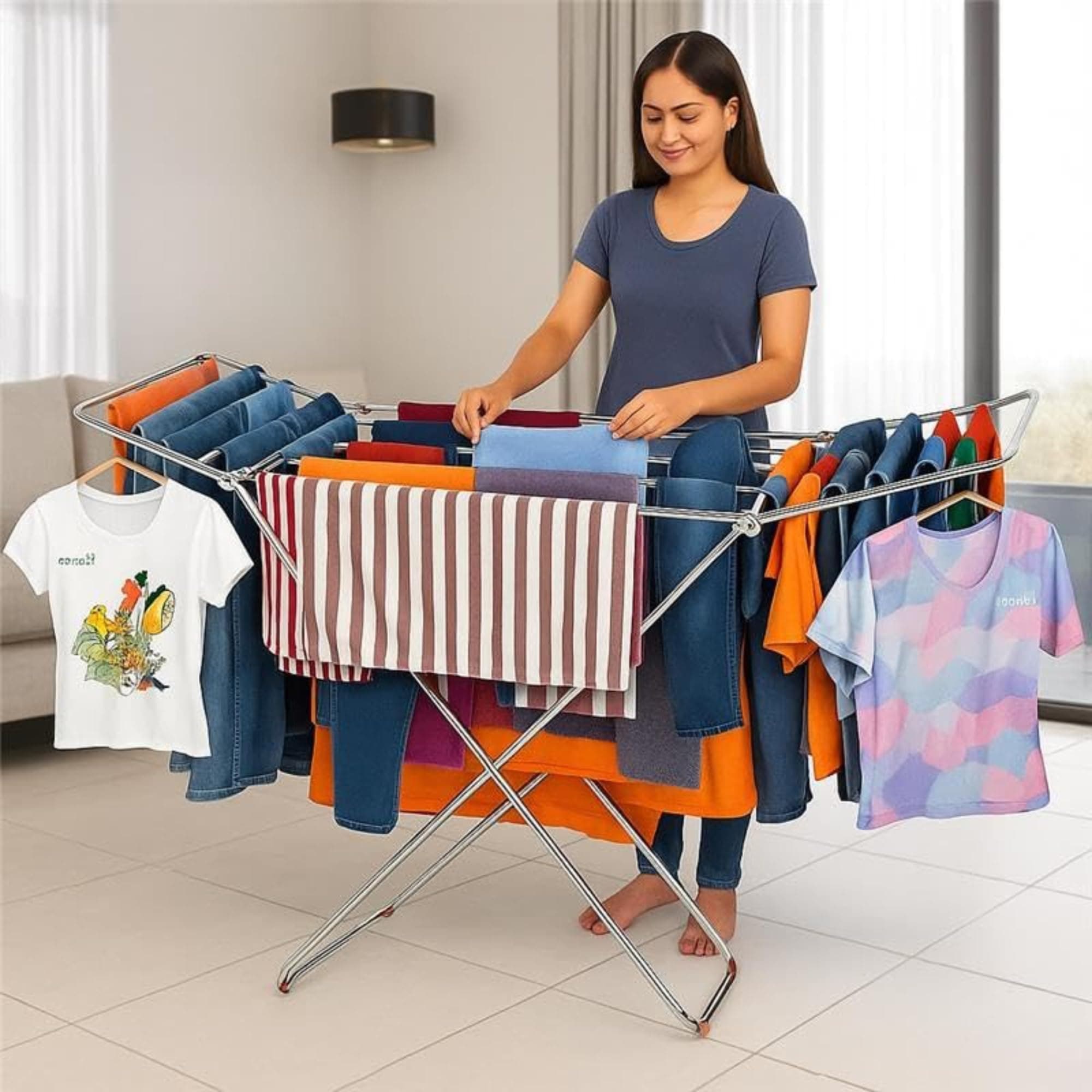 JD FRESH Stainless Steel Foldable Clothes Drying Stand/58 Feet Drying Rack with Drying Rails/Portable Cloth Dryer Stand for Laundry/Strong Cloth Hanger Stand for Balcony/Indoor & Outdoor - Silver