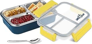 MILTON Fun Feast Bento Lunch Box, Inner Stainless Steel, PU Insulation, 3 Compartments, 4-Side Lock,Includes Steel Spoon,BPA Free,Snacks Box,Ideal for Office & School,1 Year Warranty,700 ml,Dark Blue