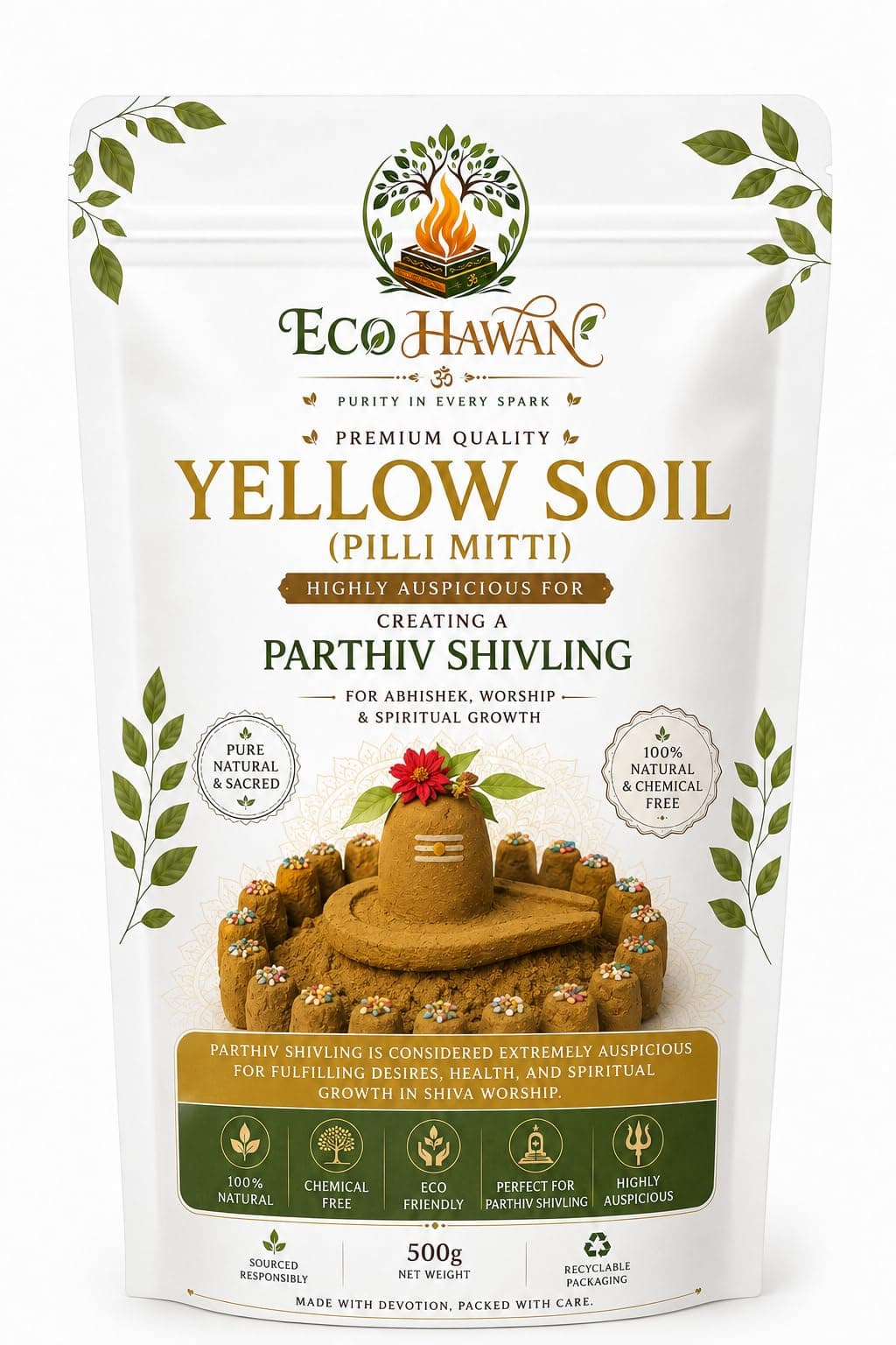 ECO HAWAN Yellow Soil (Pilli Mitti) 500g I Yellow Soil (Pilli Mitti) for Parthiv Shivling Making & Abhishek | Natural Sacred Clay for Shiv Puja, Mahashivratri, Natural Shivling nirman, spiritual rituals | Chemical-Free & Natural Pooja Mitti