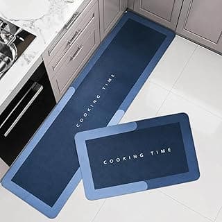 VERVENIX 2-Pcs Kitchen Mat Set – Blue Waterproof Memory Foam Anti-Fatigue Rugs, Non-Slip Mats for Kitchen, Sink, Laundry & Home Office – 120x40 cm + 40x60 cm (Cooking Time Design)