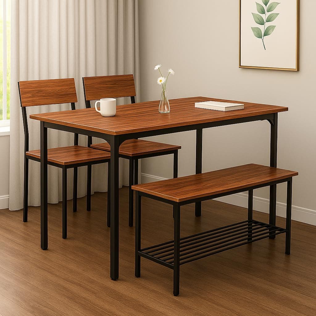 FORECRAFTS Dining Set of 4 with Bench & Chairs, 4 Seater Table Set, Engineered Wood Top & Metal Frame, Space Saving Compact Furniture for Home & Kitchen (Teak Walnut- DIY)