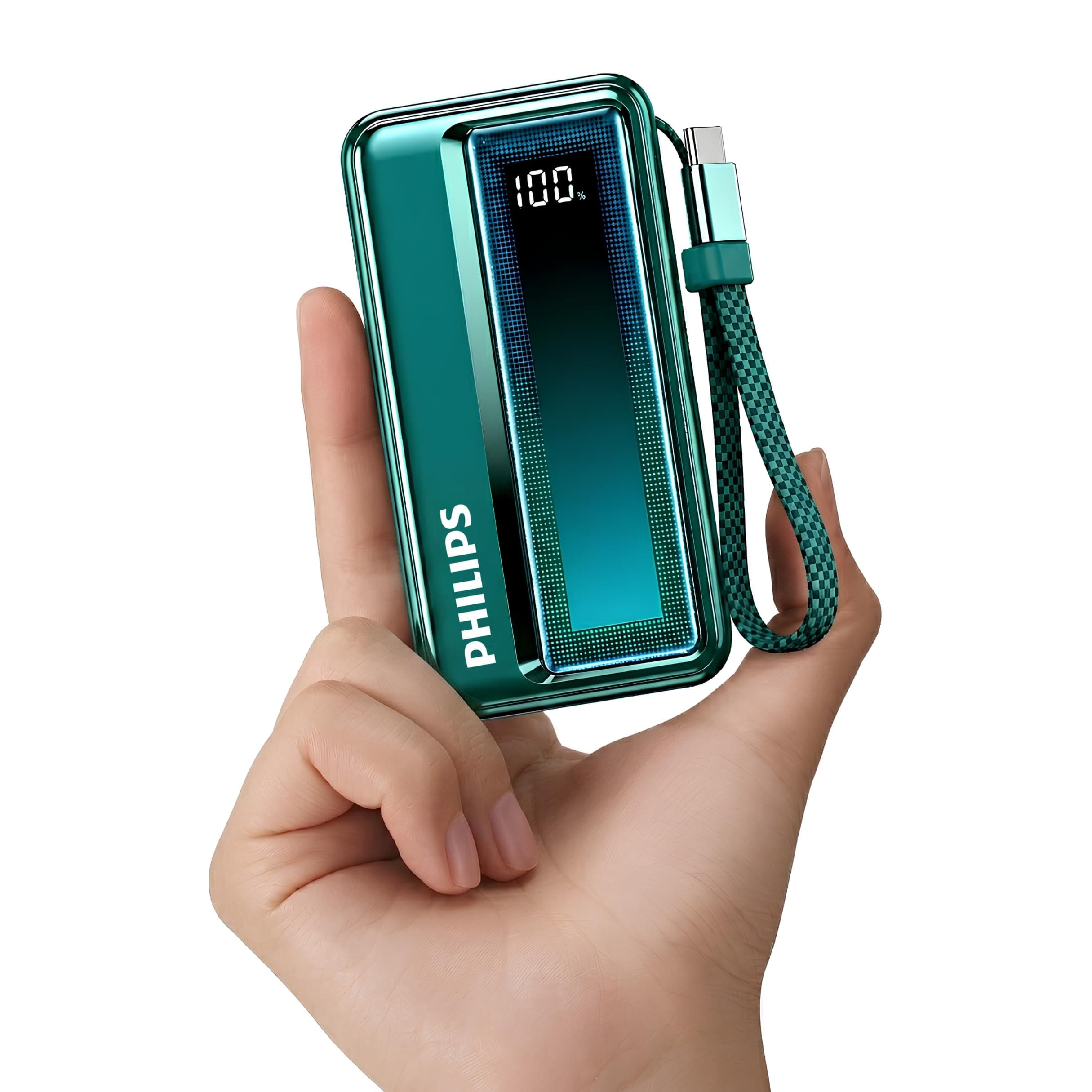 Philips DLP2721NC/94 20000mAh 45W Fast Charging Power Bank with Built-in Type-C Cable (Chrystal Teal) | Digital LED Display | Lithium Polymer | 2 Type-C & USB-A | Pocket Size | Travel-Friendly