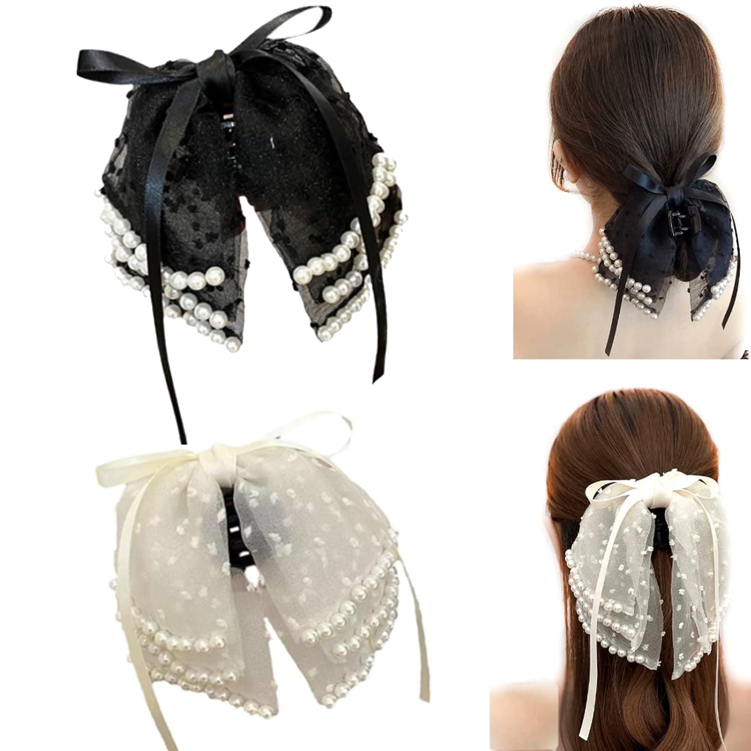 Melodio 2Pcs Big Bow Hair Clips with Pearls, Large Hair Clips, Non-Slip Jaw Clips, Bow Hair Accessories for Women and Girls (Black and White)