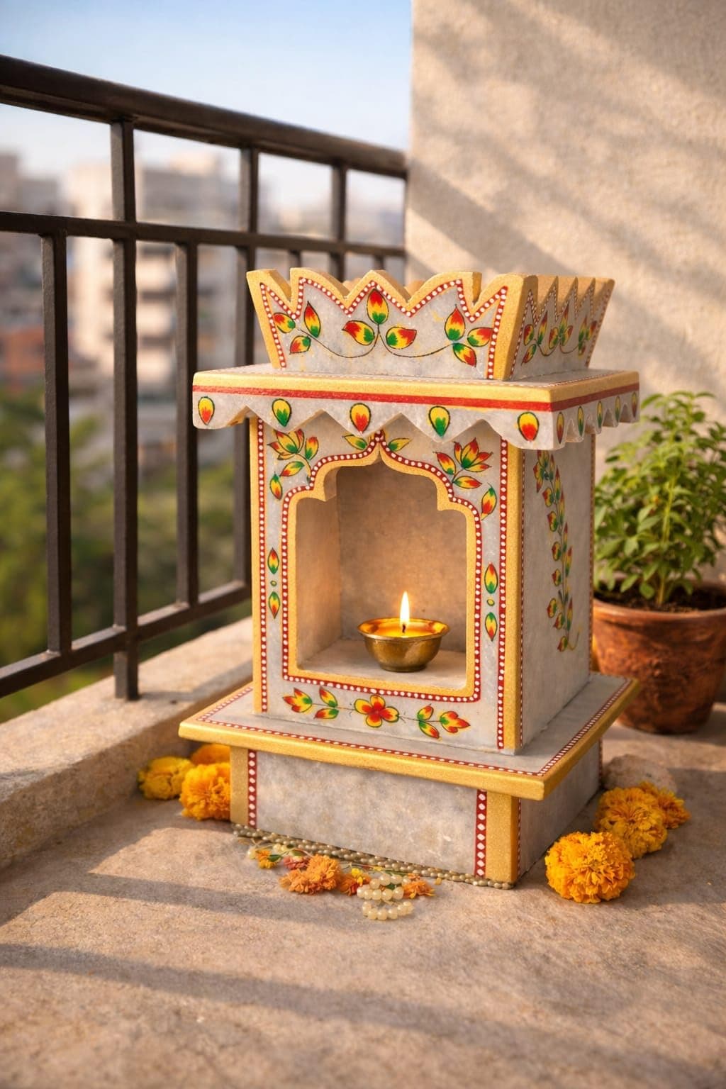 EAKDANT PRODUCT Handcrafted Decorative Planter Shrine, Painted Plant Stand with Floral Design, Marble Finish 15 inch