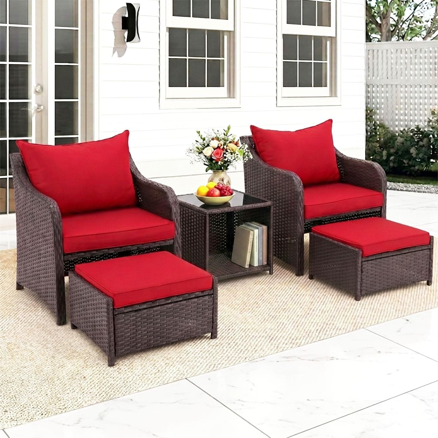 DEVOKO 5 Pieces Patio Outdoor Rattan, Wicker Chair and Table, Patio Conversation Set with Red Seat Cushions and Table Glass, Suitable for Backyard, Porch, Garden, Poolside, and Balcony