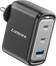 Ambrane 70W Fast Charging Adapter Gan Charger,3 Ports (2 Type C & 1 USB),BIS Certified,for iPhone 16/15/14 Samsung,Type C Laptops: MacBook,Dell,ASUS,Fast Charger PD Technology (Charge 70),Black
