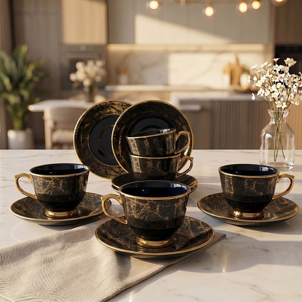 U.P.C. Tea Cup & Saucer Set of 6 | 180ml | Black & Gold Marble Scratch Texture | Gold Plated Rim & Handle | Microwave & Dishwasher Safe | Premium Luxury Gift Crockery Set