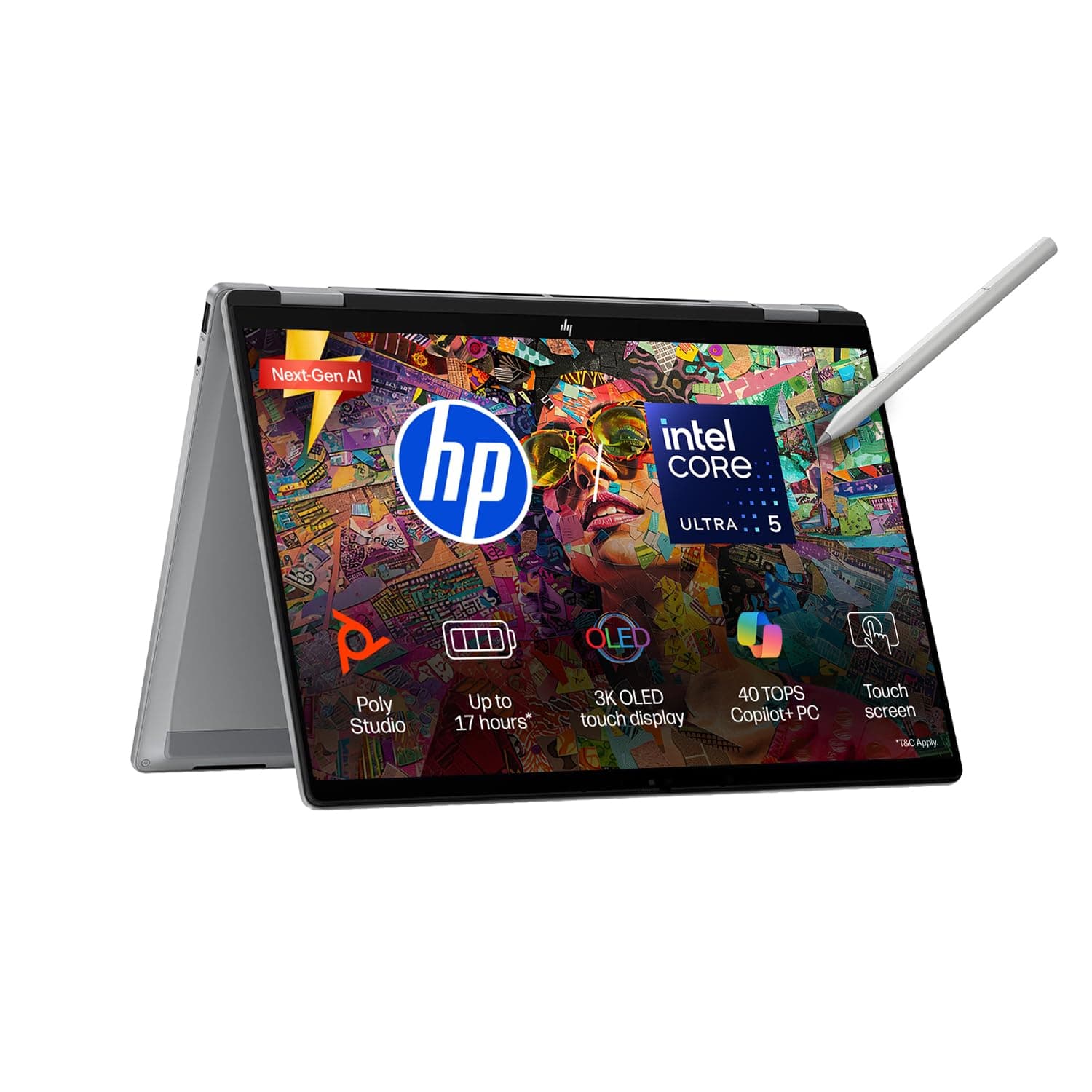 HP OmniBook X Flip OLED Intel Core Ultra 5 226V, 40 Tops (16GB LPDDR5x,1TB SSD) 3K, Touch, 120hz, 14''/35.6cm, Intel ARC Graphic,Win11, Office24, Meteor Silver, 1.38kg, fm0099TU,Pen, 2 in 1 AI Laptop