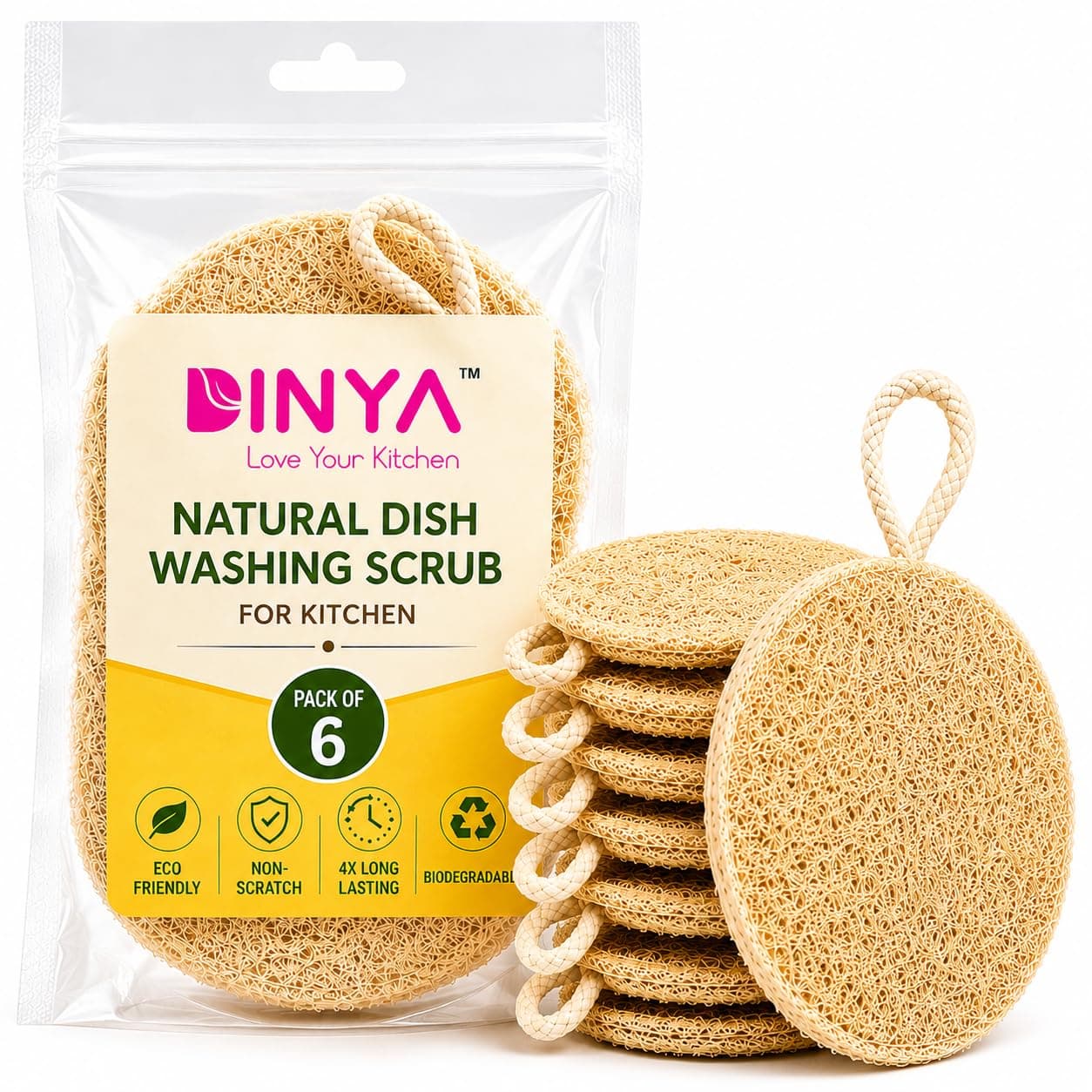Natural Dish Washing Scrub (Pack of 6) Round Loofah Dish Scrubber for Sparkling Clean Surfaces | Sustainable, 4X Quick-Dry & Reusable | Ideal for Kitchen, Cookware & Sink Cleaning | Dinya™