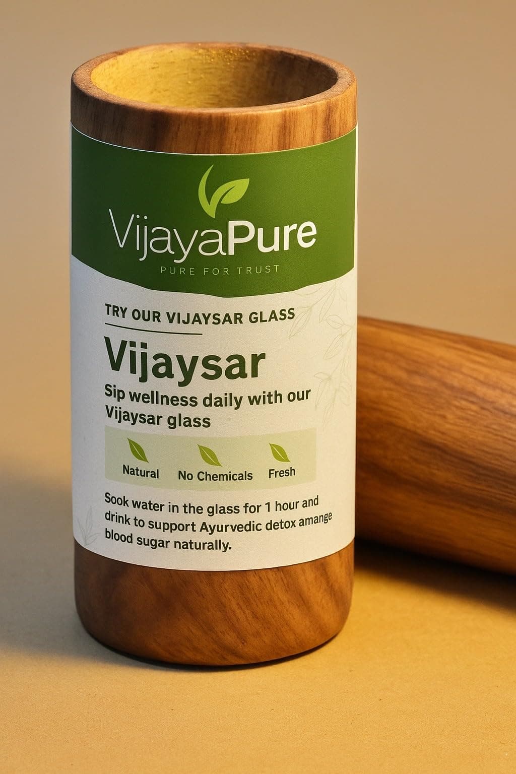 Vijaysar Wooden Glass for Diabetes & Blood Sugar | Lab Tested Heartwood Tumbler | Madhumeh Ayurvedic Cup | Indian Kino Tree Pterocarpus Marsupium | 250ml Capacity | Handcrafted | VijayaPure