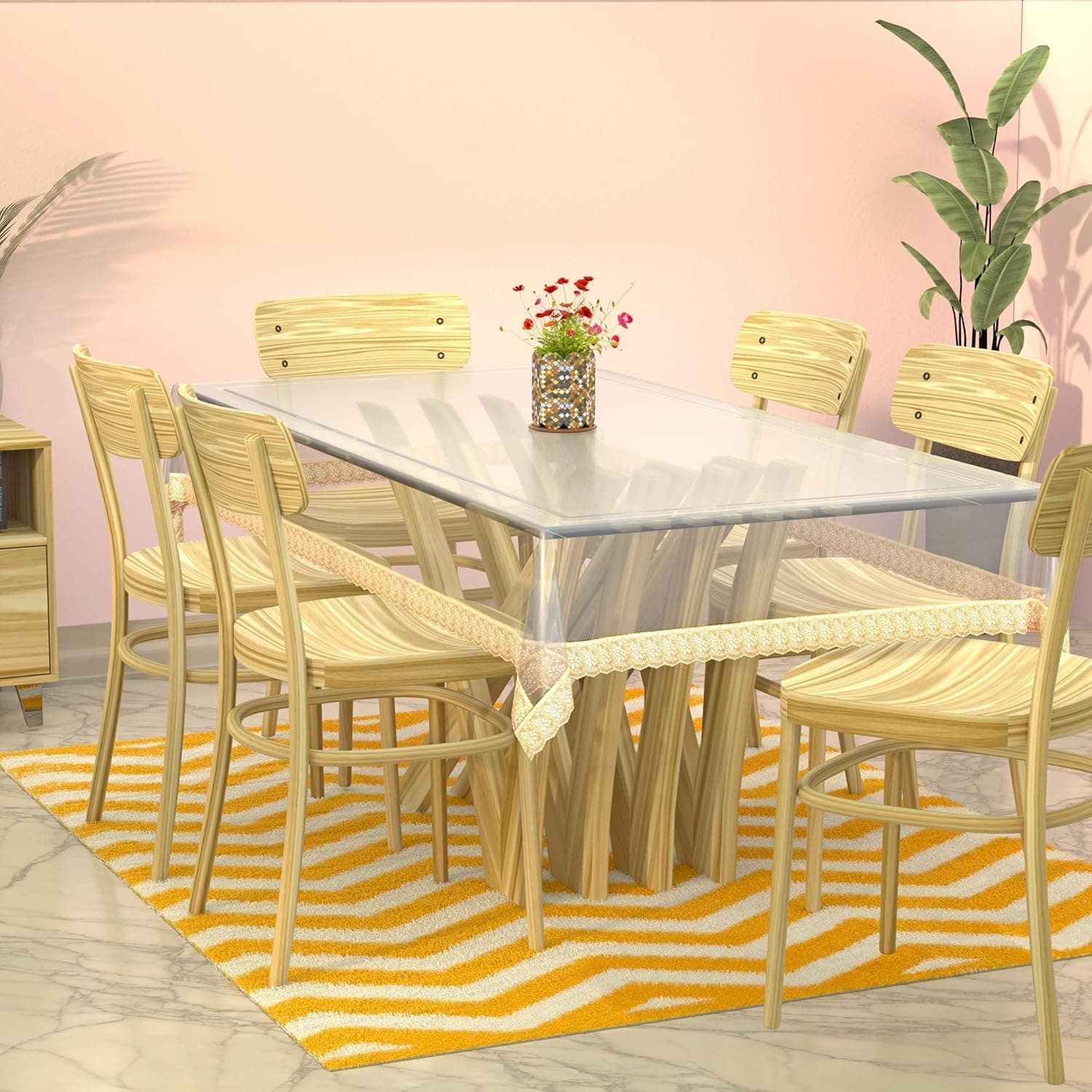 Agroha Transparent Table Cover with Golden Border Laces, 54x78 inches, 0.25mm Thick, 6 Seater, Rectangular (54x78).
