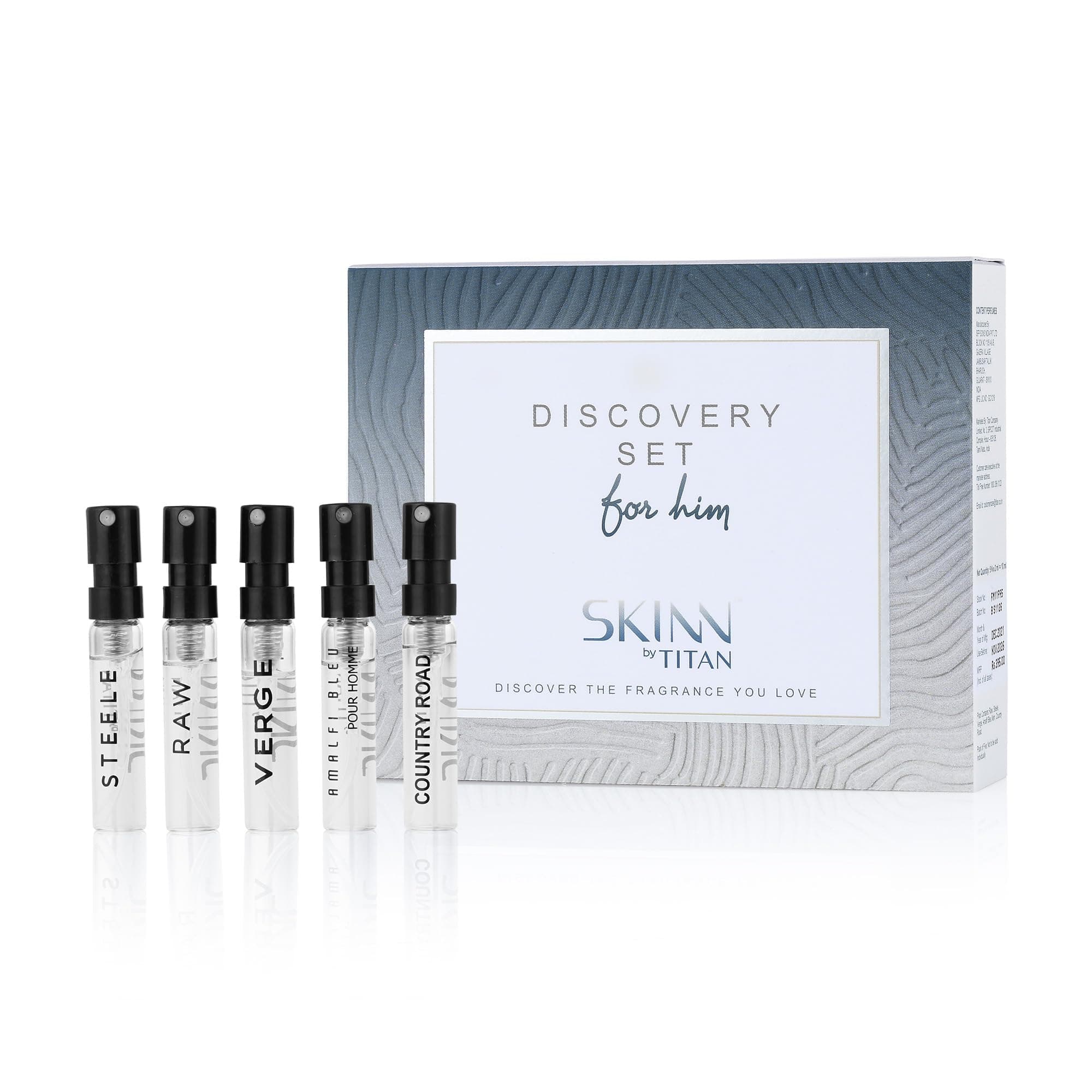 Skinn By Titan |Discovery Kit of Raw, Steele, Verge, Country Road, Amalfi Bleu (2 ml x 5) | Perfume For Man| Gift Set For Men |Long Lasting Fragrances | Fresh, Woody, Spicy |Eau De Parfum