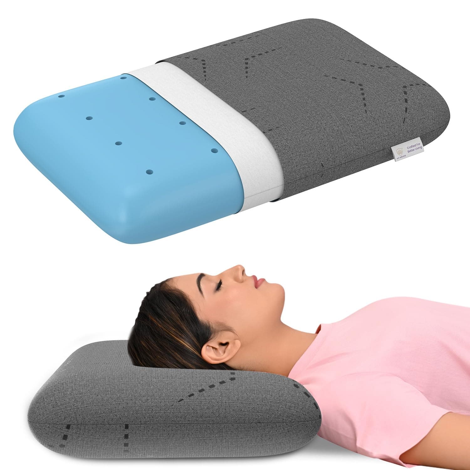 MY ARMOR Ventilated Cool Gel Memory Foam Pillow, Orthopedic Pillows for Neck Pain Relief, King Size - 5 Inch Height with Grey Colour Washable Pillow Cover - Pack of 1