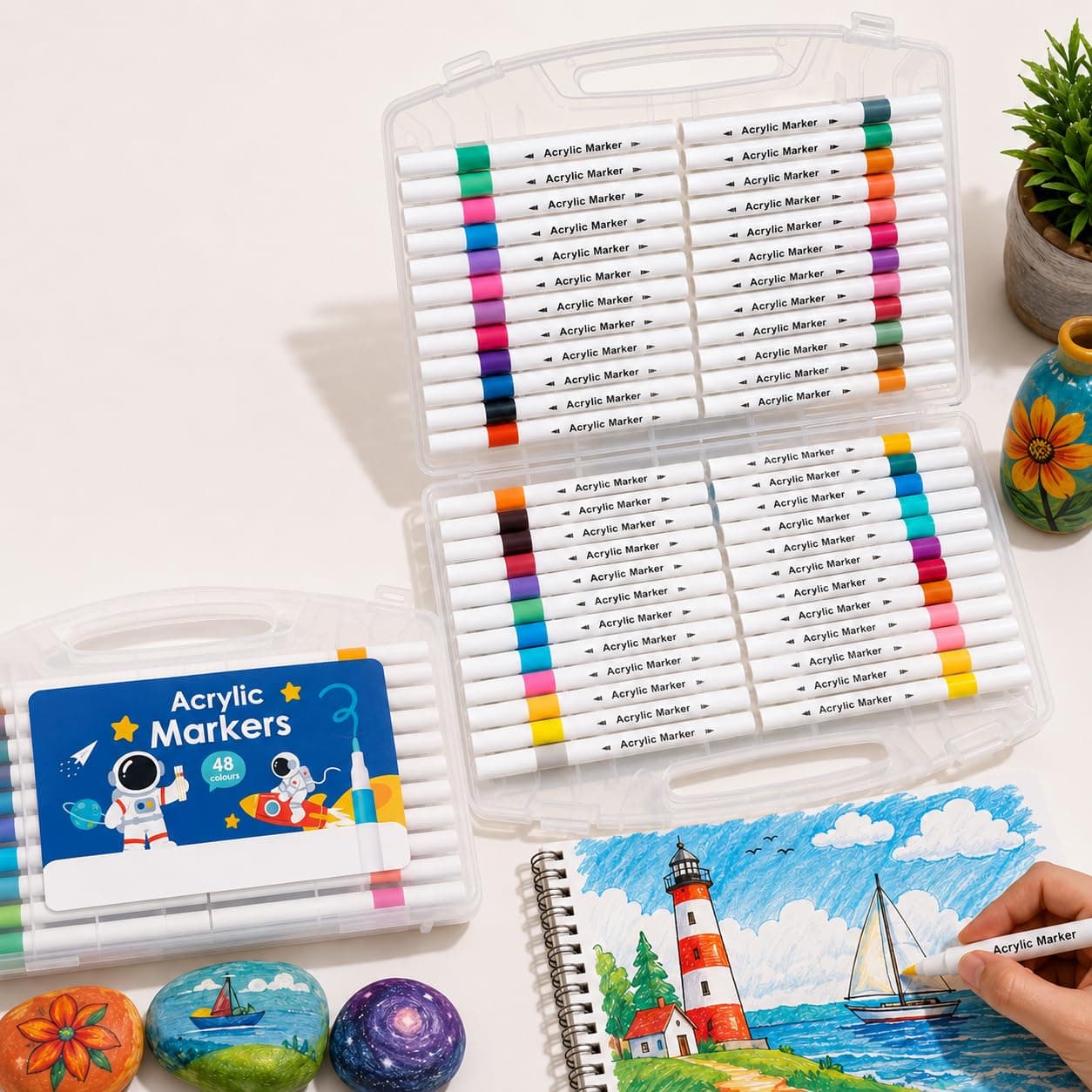 DK trades Professional Acrylic Paint Markers Set, 48 Vibrant Colours, Brush Tip, Water-Based, Non-Toxic, for Rock Painting, Canvas, Glass, Wood, School Projects, with Portable Storage Case