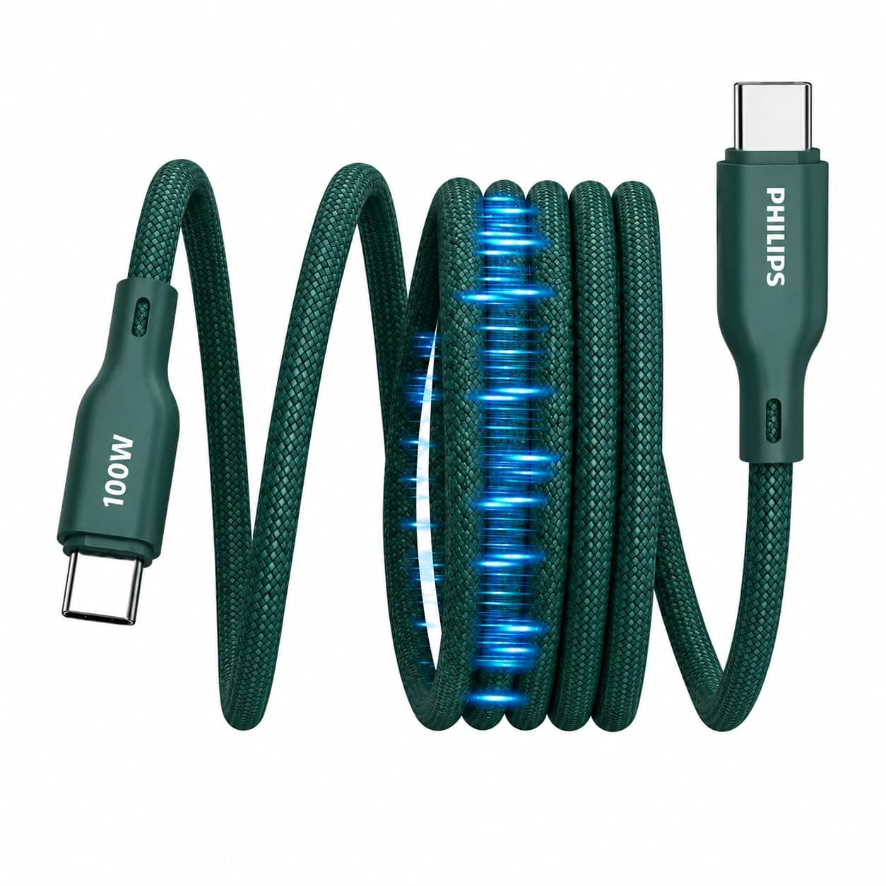 PHILIPS DLC7130CT 100W Magnetic Type-C to Type-C Fast Charging Cable (1m, Crystal Teal) | Nylon Braided | Compatible with iPhone 15+ Series, USB-C iPad Models, Samsung Galaxy & All Type C Devices