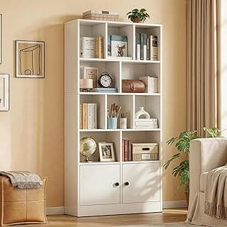 ABOUT SPACE Tall Book Shelf for Home - 10 Shelves with Bottom Closed Compartment Engineered Wood Book Rack for Study Room Book Organizer Stand for Library, Living Room(L80 x B30.5 x H181.5cm -White)