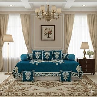 FRESH FROM LOOM Reversable Diwan Set, Lattest Design, 500 TC, Velvet Chenille Fabric, Diwan Set - 8pc (Aqua)