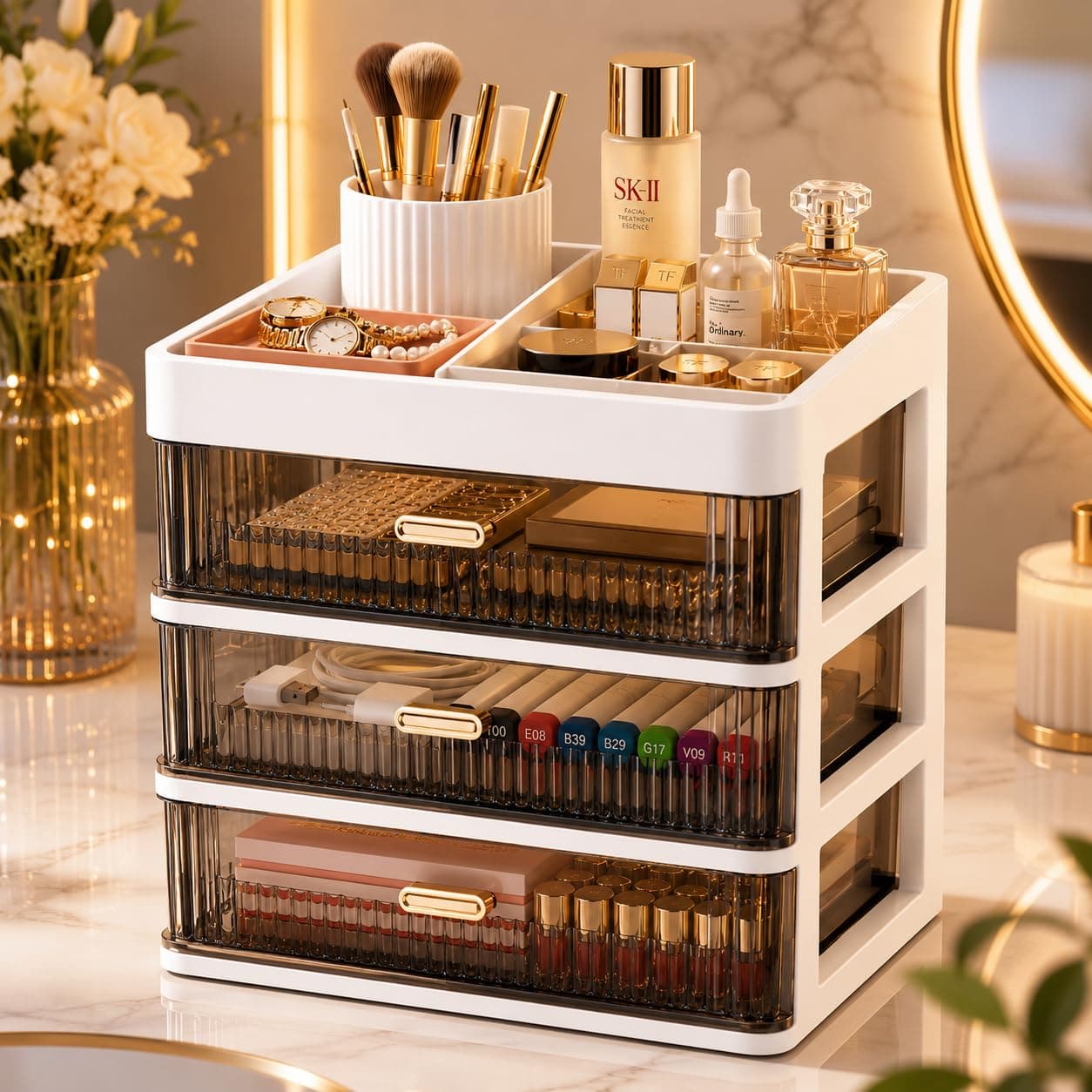 Agistar Makeup Organizer with 3 Sliding Drawers, Plastic Cosmetic Storage Box for Vanity, Skincare, Lipstick, Makeup Brushes, Nail Polish, Jewelry & Desktop Accessories, White