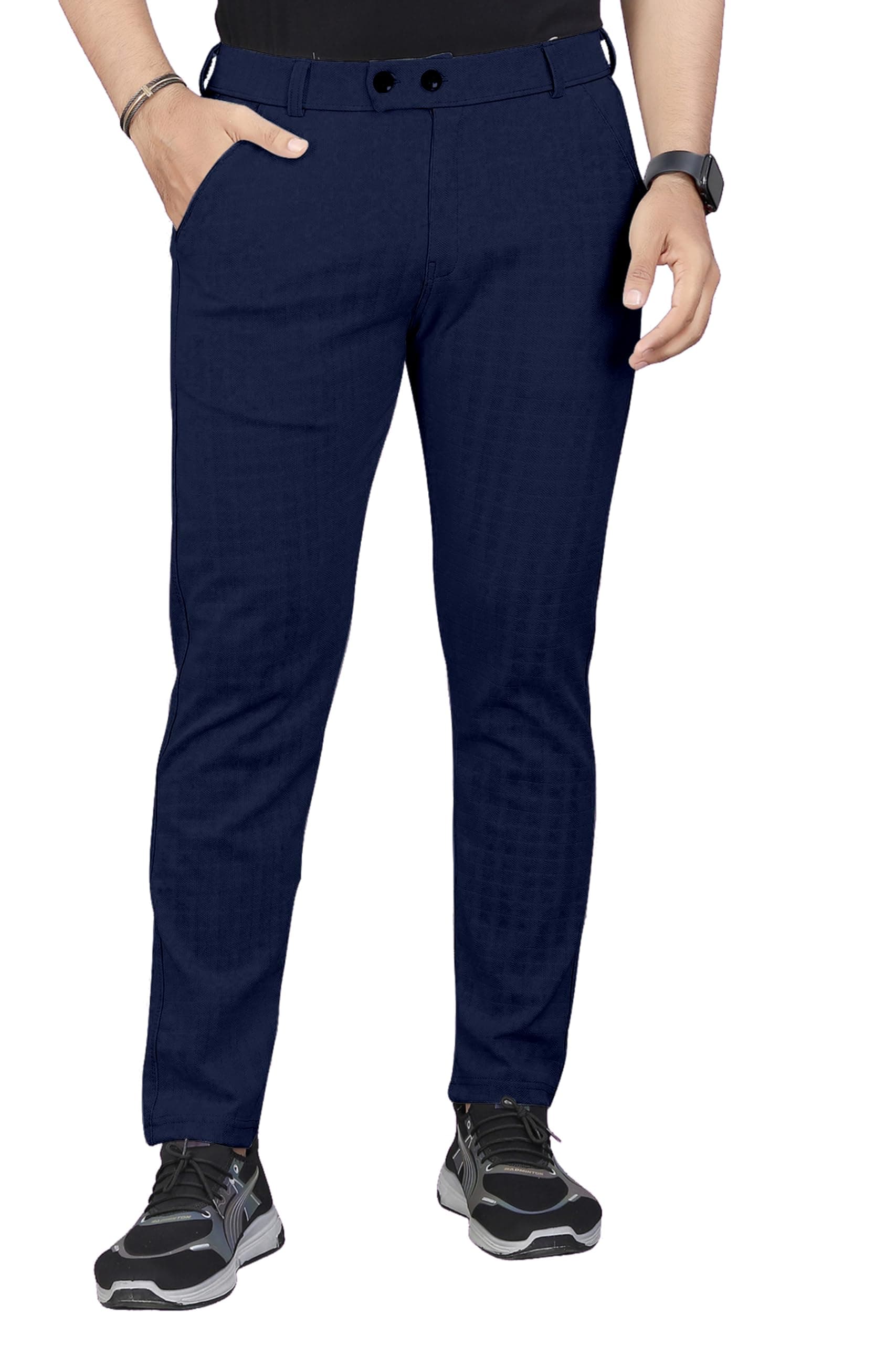 Mehrang Men's Casual Textured Regular Fit Trousers, Formal Pants with Button Closure, Side Pockets, Polyester Trouser for Men