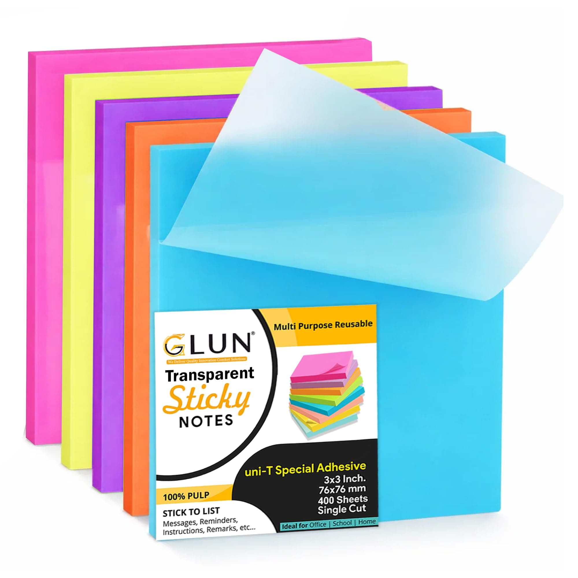 GLUN® Transparent Neon Sticky Notes 3x3 Inch, 250 Sheets, Self-Adhesive Clear Color Memo Pads, Waterproof See-Through Notes for Office, School & Study