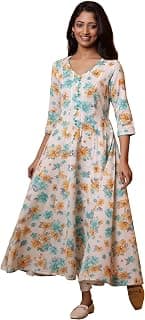 Aurelia Women’s Floral Printed Flared Kurta | V-Neck Kurta for Women | Floral Printed Kurta for Women | Beautiful Regular Fit Kurta for Women