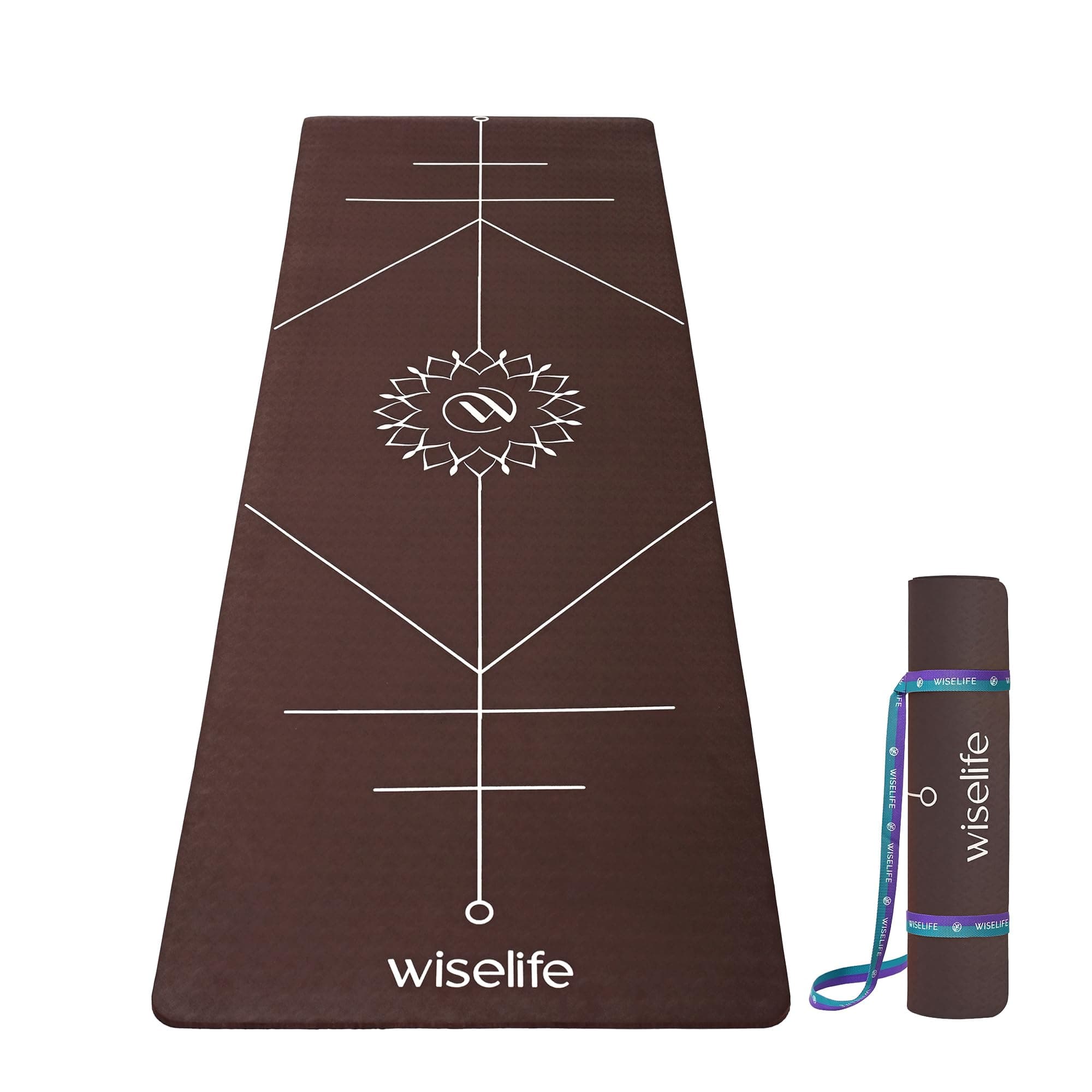 Wiselife True Body Alignment Yoga Mat + Sleek Yoga Strap For Men And Women | Non-Slip Textured Extra Wide & Thick | Pro Balance Eco-TPE Exercise Mat For Home, Pilates, Gym & Fitness (6MM,BROWN)