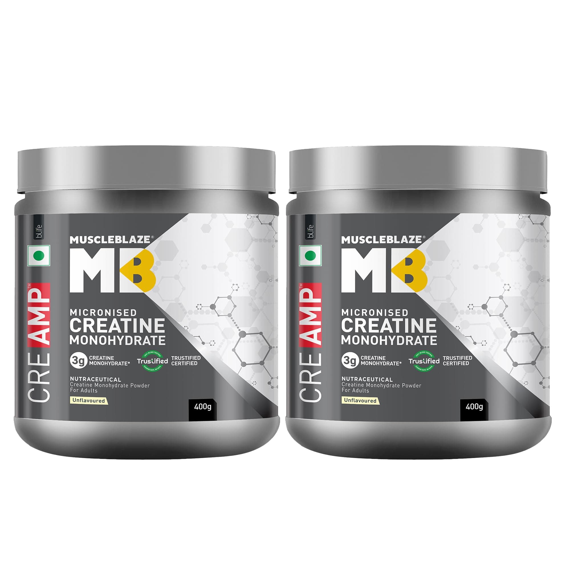 MuscleBlaze Micronised Creatine Monohydrate CreAMP Powder, Unflavoured (129 servings, 400g) | Trustified Certified Creatine | Pack of 2