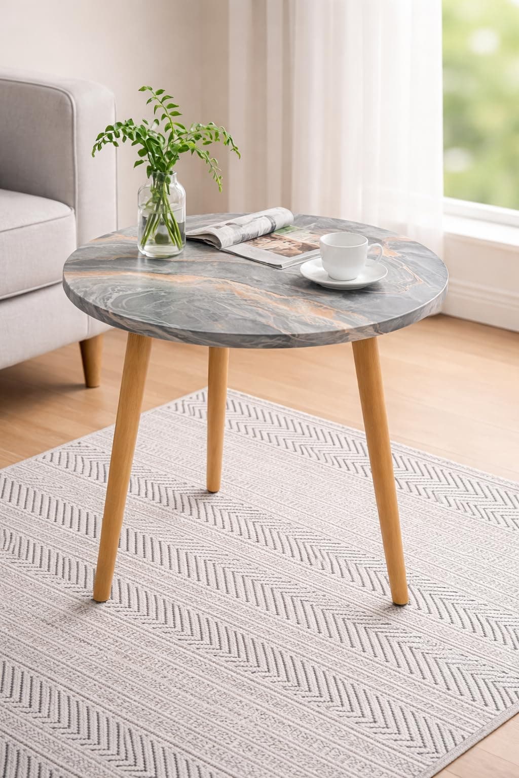 FURNIFOX Coffee Table Faux Marble Design Table Side Table, Round Solid Wood End Table Coffee Table Flower Stand Easy Assembly Modern (Grey)