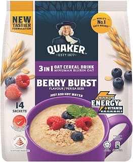 Quaker 3-in-1 Oat Cereal Drink Berry Burst Flavour, 15 Sachets x 30g