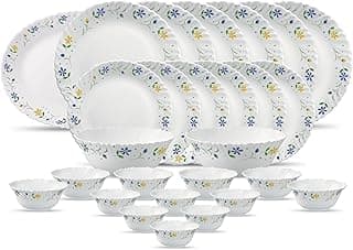 La Opala Diva, Classique Collection, Opal Glass Dinner Set 27 pcs, Twilight Bouquet, White, Standard