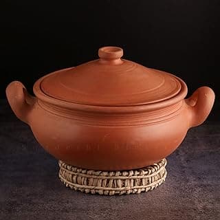 Swadeshi Blessings Exclusive Range Unglazed Clay Handi/Earthen Kadai/Clay Pot for Cooking & Serving with Lid (with Mirror Finish) + Free ASH for Cleaning (2 litres)