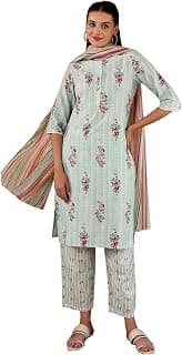 W for Woman Women's Pure Cotton Floral Printed Straight Kurta and Pant with Dupatta Set