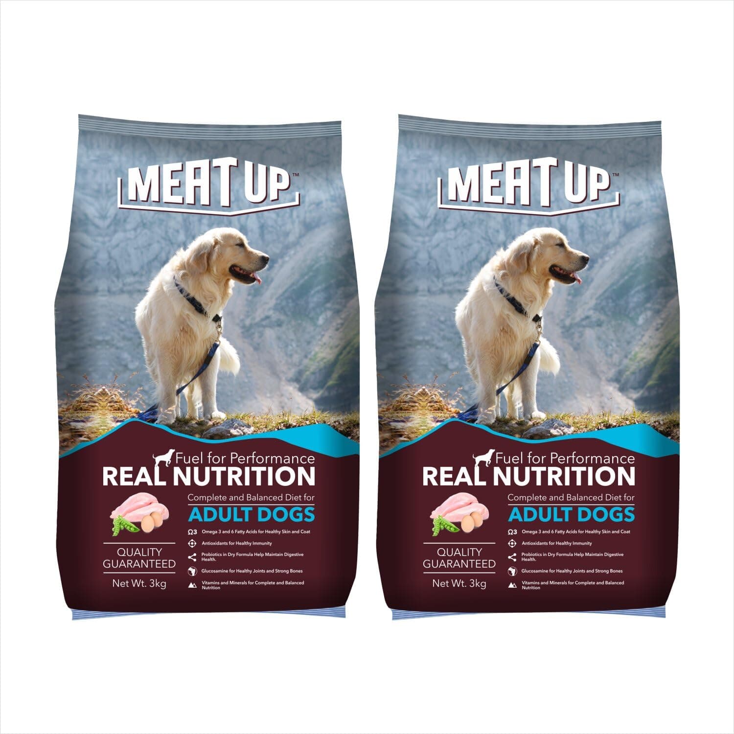 Meat Up Adult Dry Dog Food 6kg (3kg + 3kg) | Chicken Flavour | Glucosamine for Healthy Joints & Bones | Enriched with Vitamins & Minerals | Supports Digestive Health