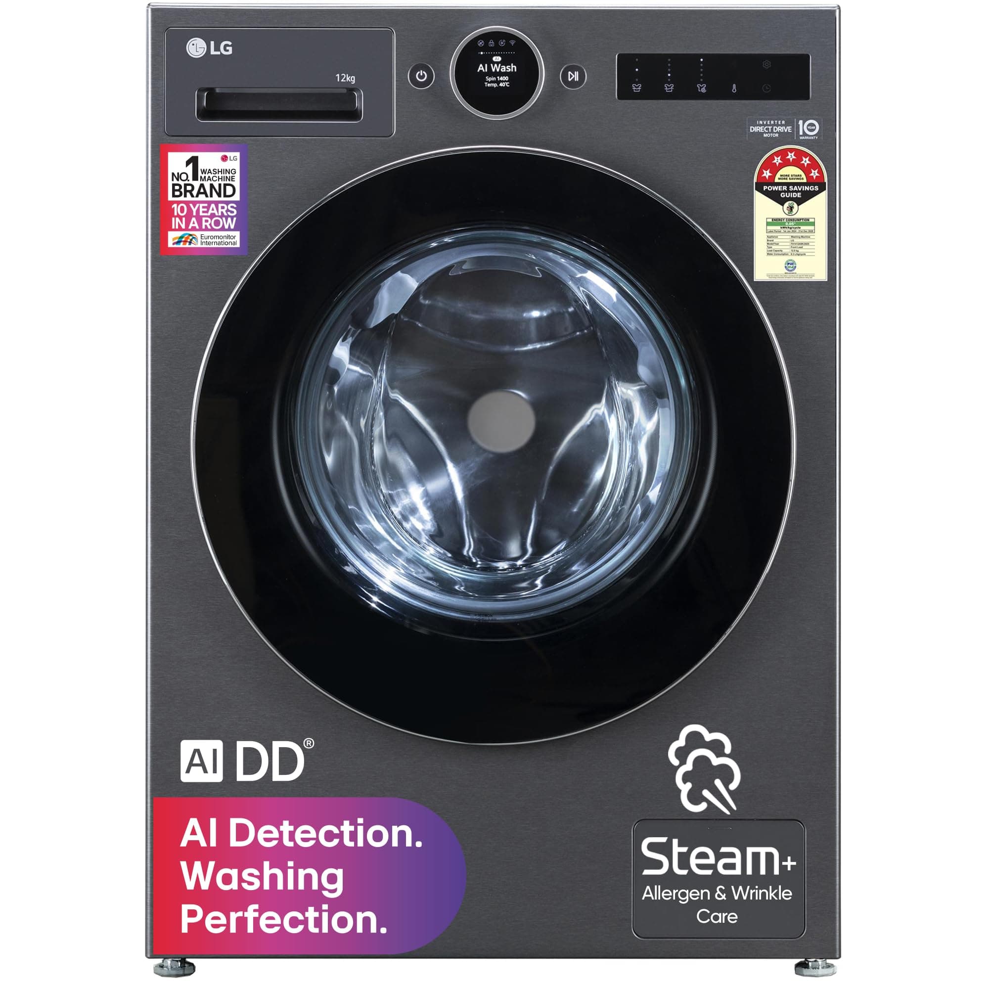 LG 12 Kg, 5 Star, AI DD Technology, Steam+, Wi-Fi, Smart Digital Dial, Fully-Automatic Front Load Washing Machine (FX1412N9K, Reduce allergens & wrinkles, TurboWash 360˚, 2026 Model, Matt Black)