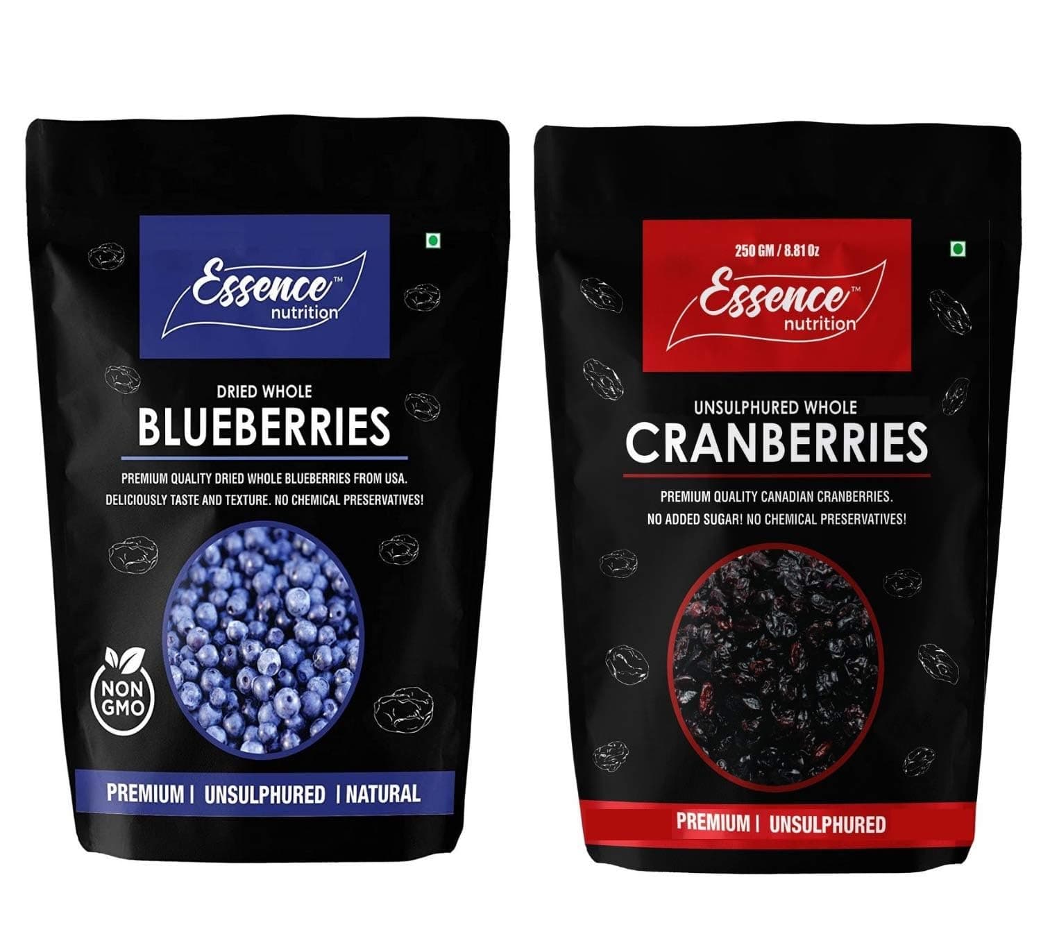 Essence Nutrition Cranberry & Blueberry Combo (450 Grams) - Gluten Free Unsulphured Imported Berry - Blueberry & Cranberry Dry Fruit Without Sugar