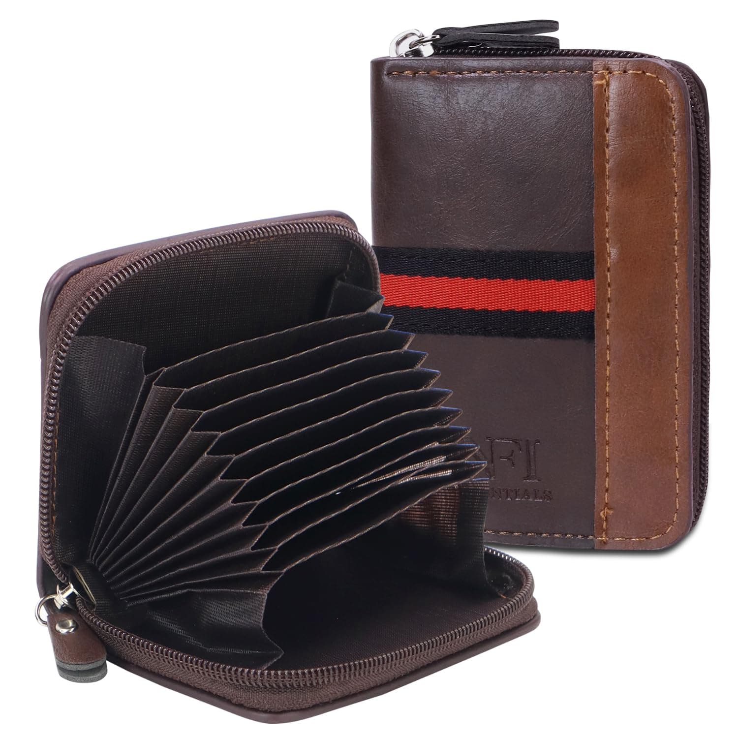 NFI essentials PU Leather 9 Slots Vertical Card Holder Credit Debit Card Holder Zipper Coin Purse for Men and Women Accordion Money Wallet Security Wallet (MW-1-Brown)