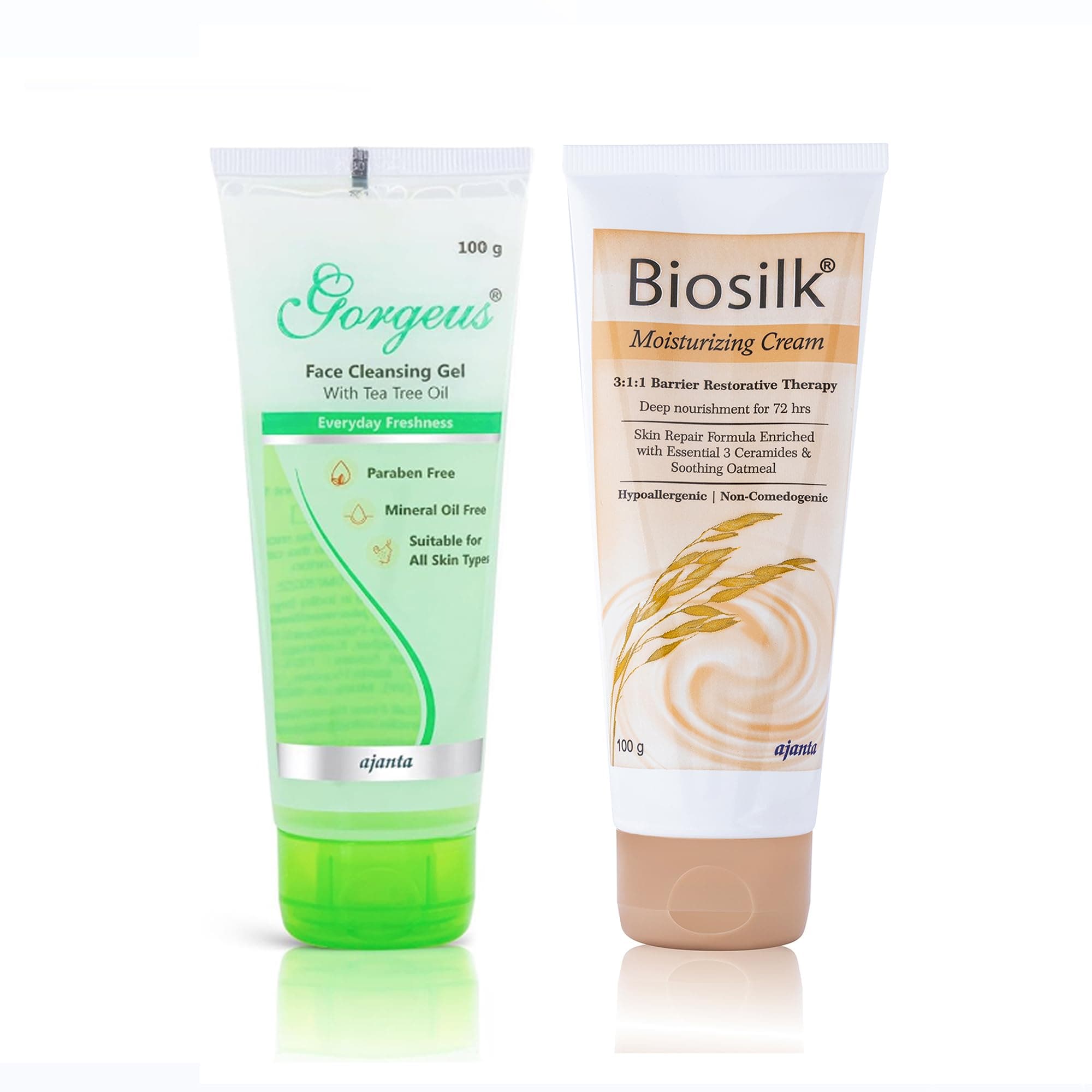 Gorgeus Tea Tree Wash (100g) & Biosilk Oatmeal & Ceramide Cream (100g) - Sensitive Acne Care Kit for Skin Barrier Repair