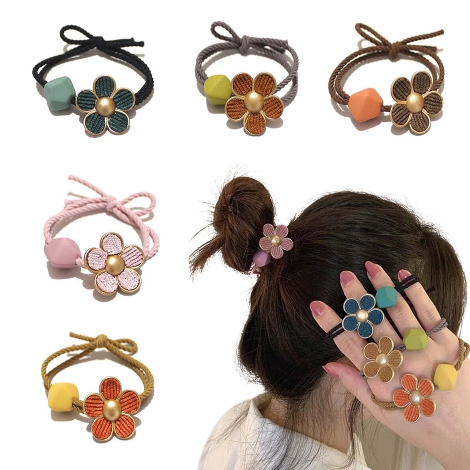 Melodio 5 Pack Flower Hair Ties for Women, Cute Floral Elastic Ponytail Holders, Boho Beaded Hair Bands, No Damage Decorative Hair Elastics for Girls