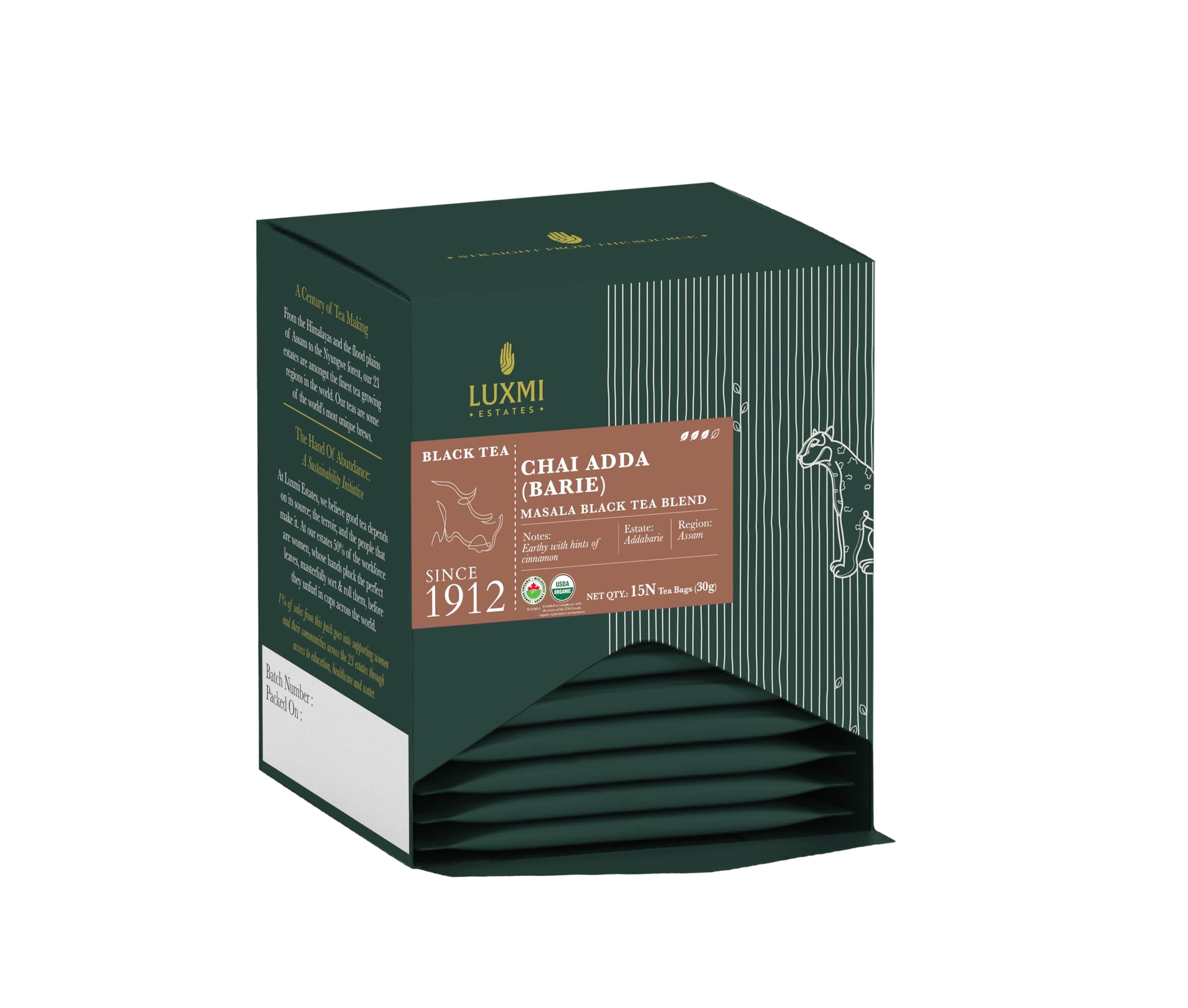 Luxmi Estates Masala Chai 15 Tea Bags Pack | Chai Adda-Bari | Organic Black Tea | Strong, Robust & Aromatic Masala Chai | Indian Spice Chai Enriched with Cinnamon & Cardamom | Immunity Booster, 30 gm