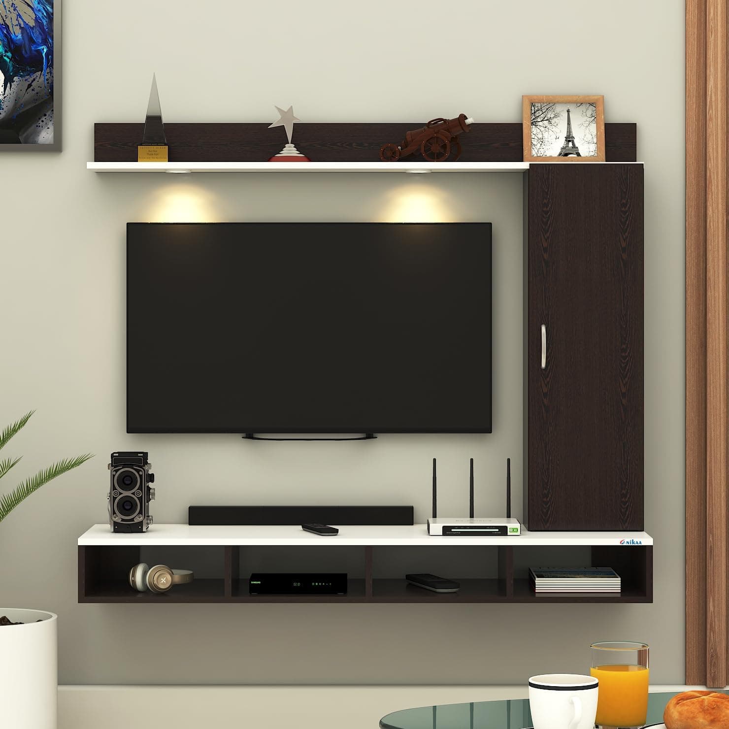 Anikaa Dorex Engineered Wood Wall Mounted TV Unit with LED Lights, Storage Cabinet & Display Shelf for Living Room | Ideal for Upto 55 Inch TV- Wenge/White(DIY Installation)