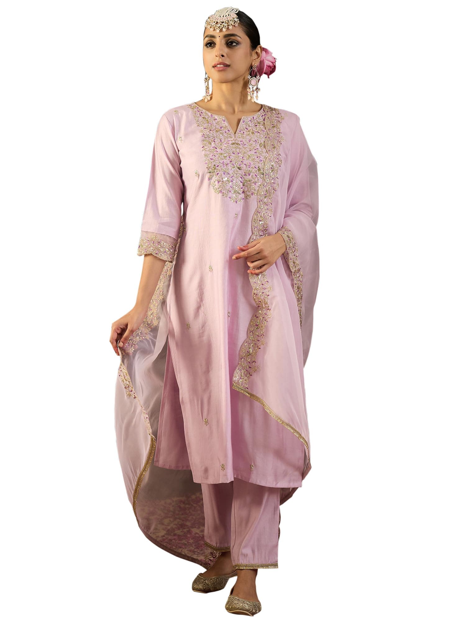 INDO ERA Womens Rayon Viscose Embroidered Straight Kurta Pant Dupatta Set