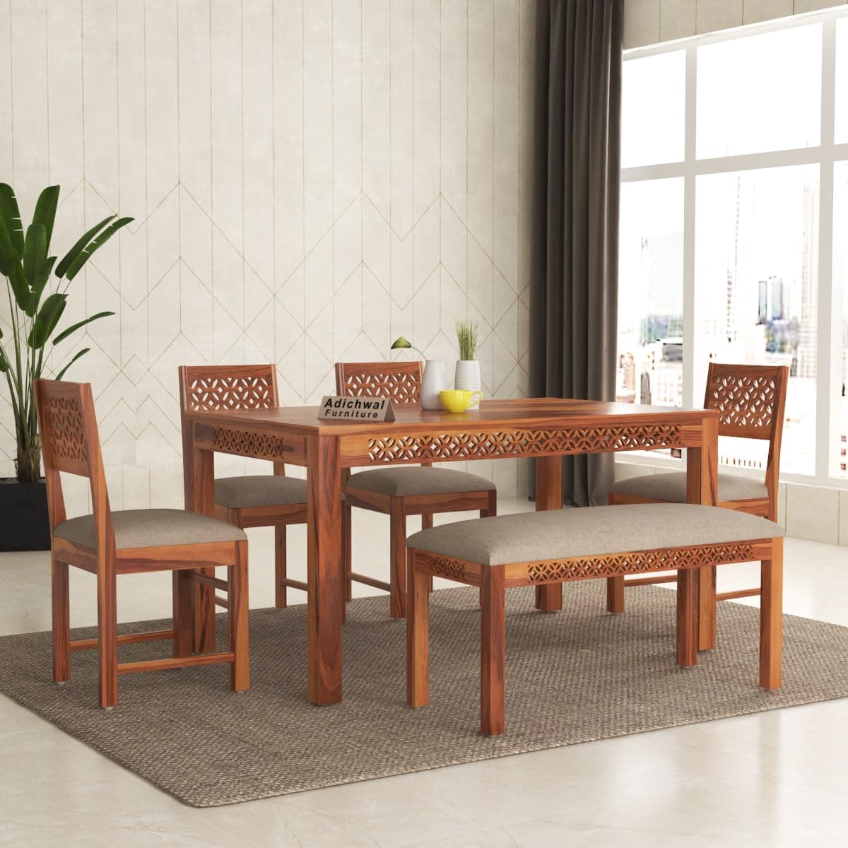 Adichwal Furniture Sheesham Wood 4 Chair with 1 Bench Dining Table Set with Cushioned Chairs for Dining Room | Living Room | Home & Office | (6 Seater with Bench, Honey A)