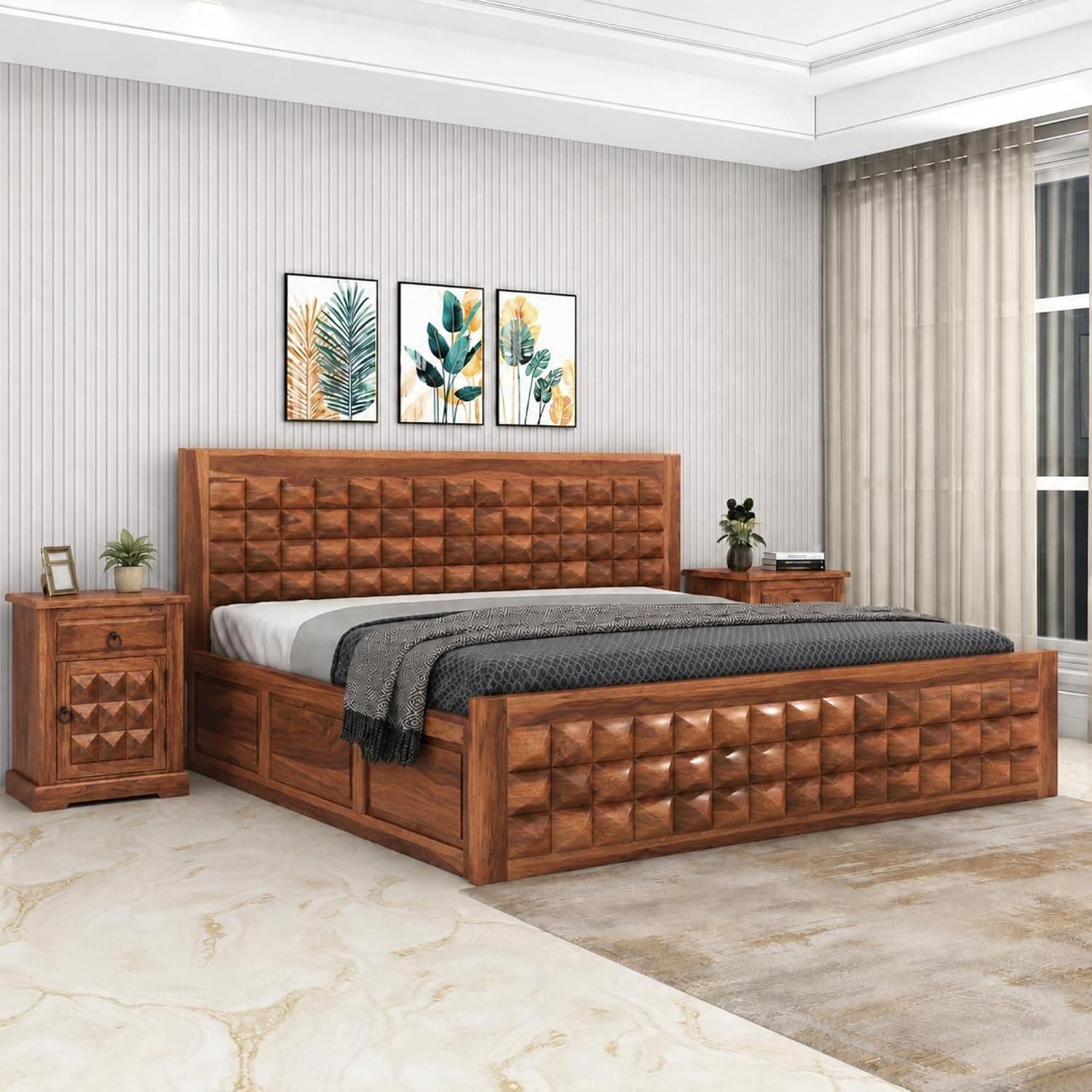 SONA ART & CRAFTS Diamond Solid Sheesham Wood King Size Bed with Storage Box + 2 Side Tables | Wooden King Size Cot Bed Double Bed with Box for Home - Natural Finish (Assembly Included)