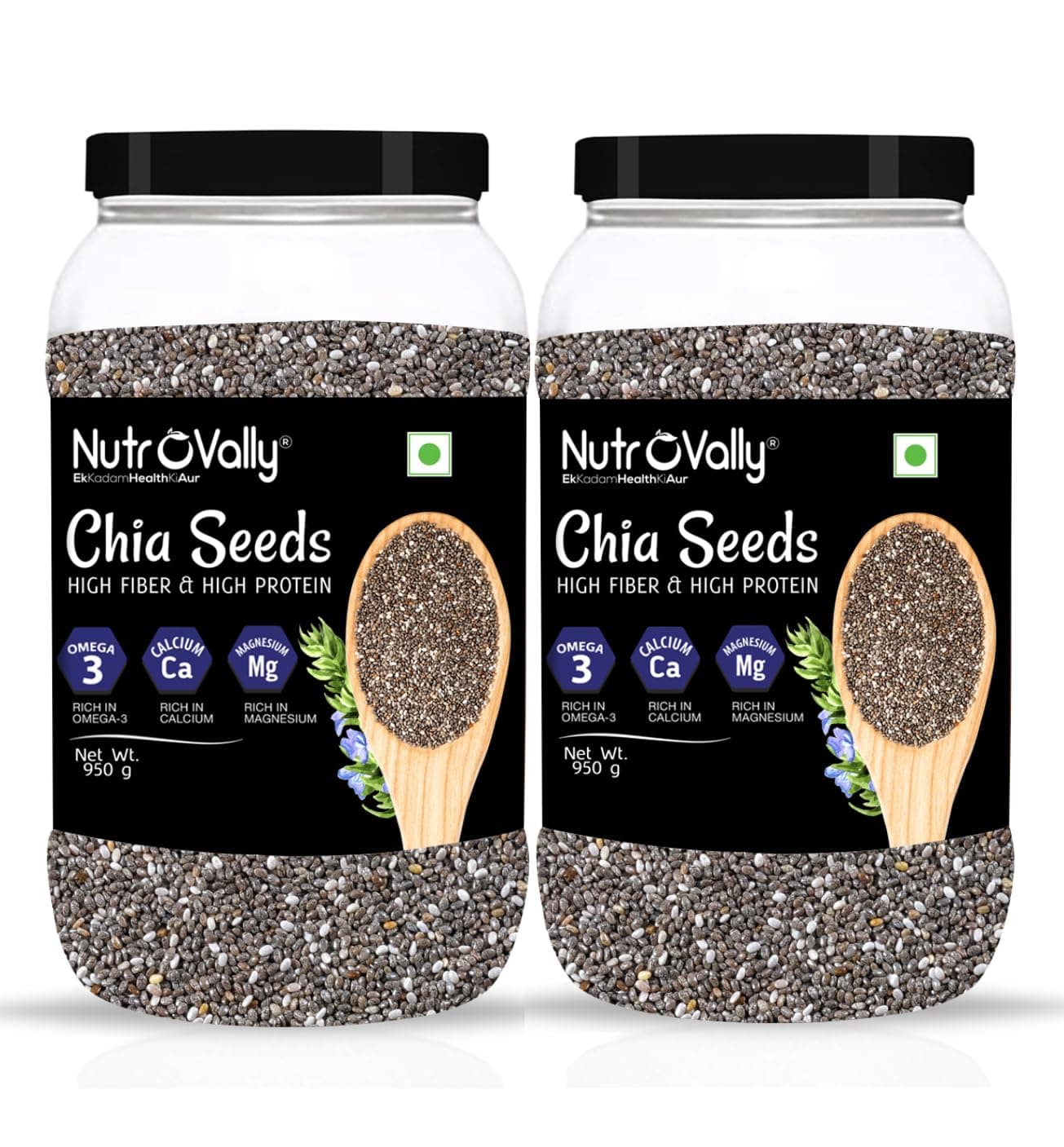 NutroVally Chia Seeds 950g Jar Pack of 2 | Total 1.9kg |Whole Raw Super Seeds|Supports Digestion, Satiety & Hydration |seeds for eating|Chia seeds| Rich in Calcium, Protein & Fibre|100% Organic seed