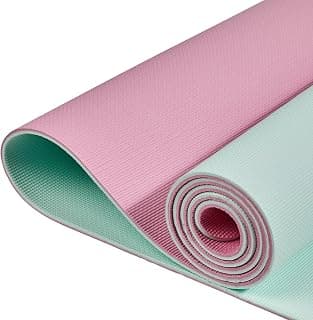 AmazonBasics Dual Colour Yoga Mat | 6 MM Thick Mat | Carry Strap | Grippy Surface | Anti Slip Exercise Mat | TPE & EVA Material | Yoga Mat for Men & Women (Turquoise & Pink)