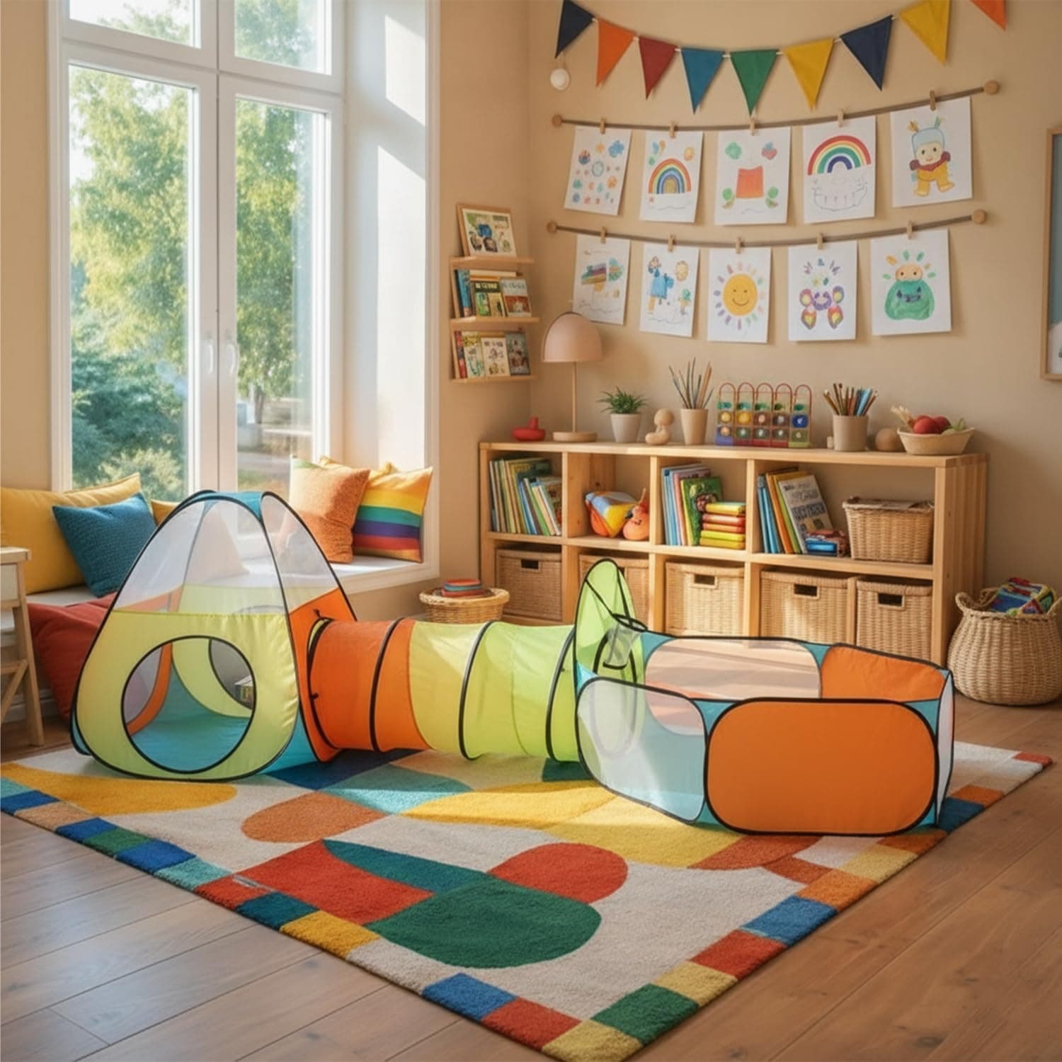 Amazon Brand - Jam & Honey Theme 3 in 1 Combo Tunnel | Tunnel, Play Tent House, Ball Pool for Kids 3 to 6 Years | Spacious, Lightweight and Portable | Without Balls | Multi Colour